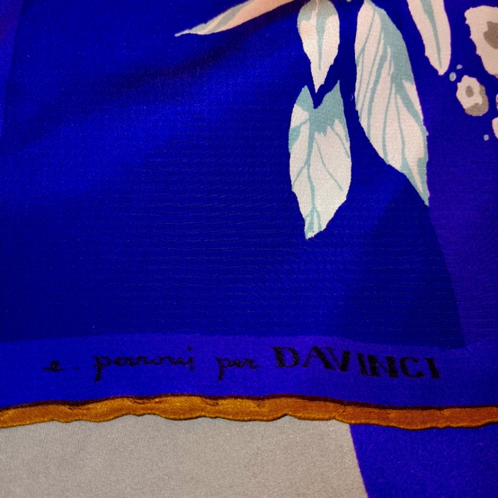 Davince 100% Silk Scarf with Floral pattern on a Violet Purple Gold White backgr